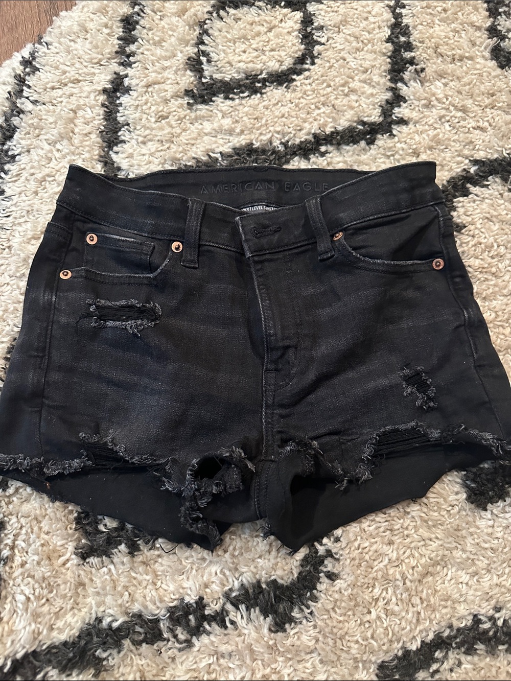 American Eagle Outfitters Black Distressed High-Rise Denim Shorts